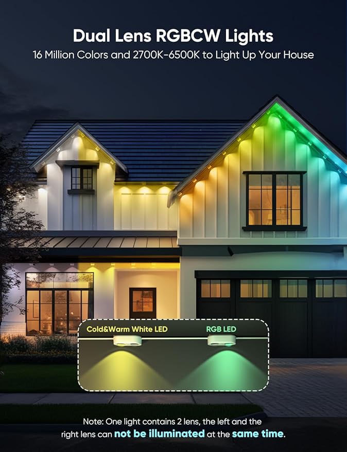 APPECK Permanent Outdoor Lights Pro 100ft, 72W RGBCW Eaves Lights with 72 LED Lights, 80lm, Cuttable, 111 Scene Modes, IP67 Waterproof Lighting for Christmas Decoration, Compatible with Alexa, White