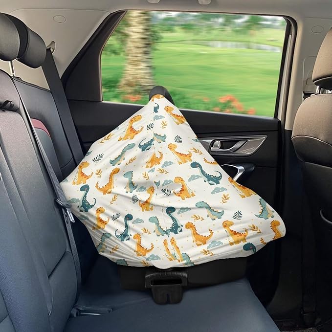 Biyejit Cute Cartoon Dinosaur Stretchy Baby Car Seat Cover Baby Car Seat Canopy Nursing Cover Carseat Canopy for Babies Breastfeeding and Car Seat Multi Use Shopping Cart High Chair Cove
