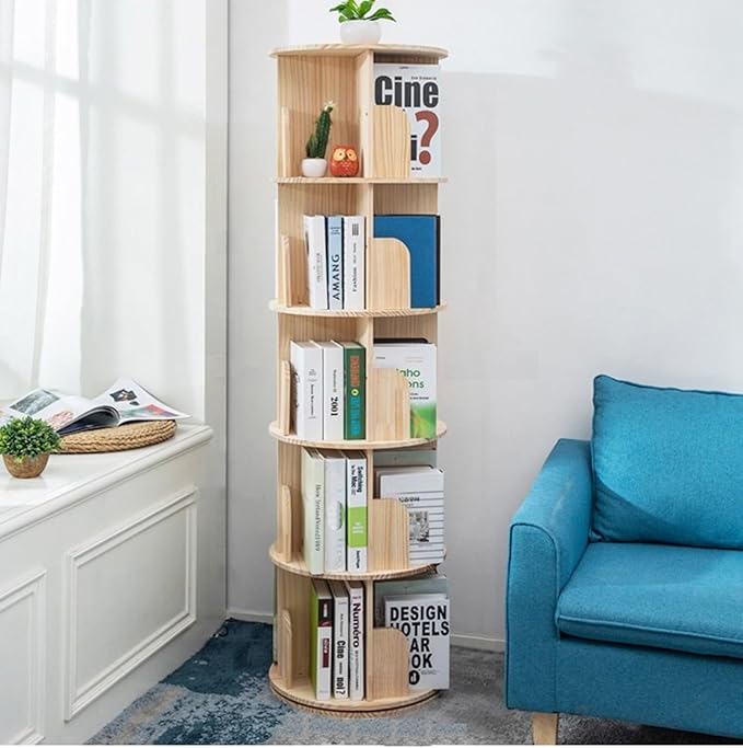 Heehee Wooden Rotating Bookshelf 360 Display Floor Standing Bookcase Storage Rack for Kids&Adults Multi-Functional Bookshelf Organizer (5-Tier)