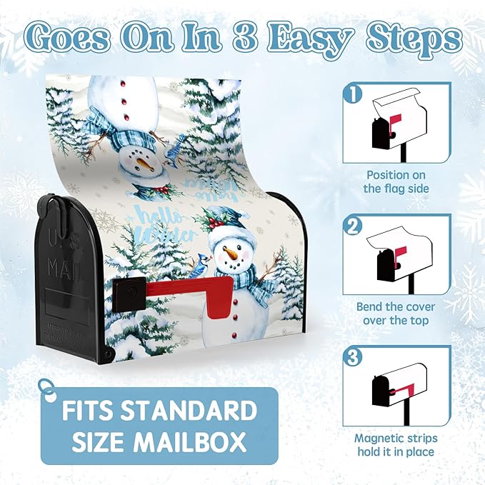 Hello Winter Snowman Mailbox Cover Magnetic Standard Size 18 X 21 Christmas Snow Pine Tree Post Letter Box Wrap Covers for Garden Yard Outdoor Xmas Decor