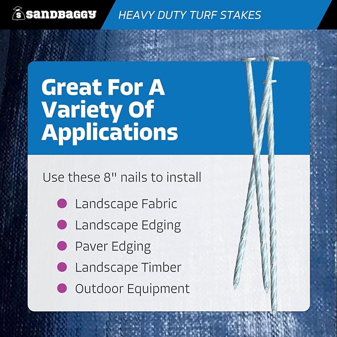 Sandbaggy 8" Heavy Duty Galvanized Artificial Turf Stakes - Spiral Landscape Nails - Ground Spikes/Pins - Synthetic Grass, Lawn, Edging, Weed Barrier Fabric, Garden (8 inch - Heavy Duty, 25, Count)