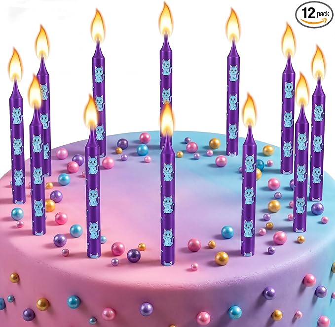 Conelist 12 Pcs Kpop Cat Themed Birthday Candles Purple Blue Birthday Decorations Cartoon Movie Cake Toppers for Kpop Themed Party Supplies