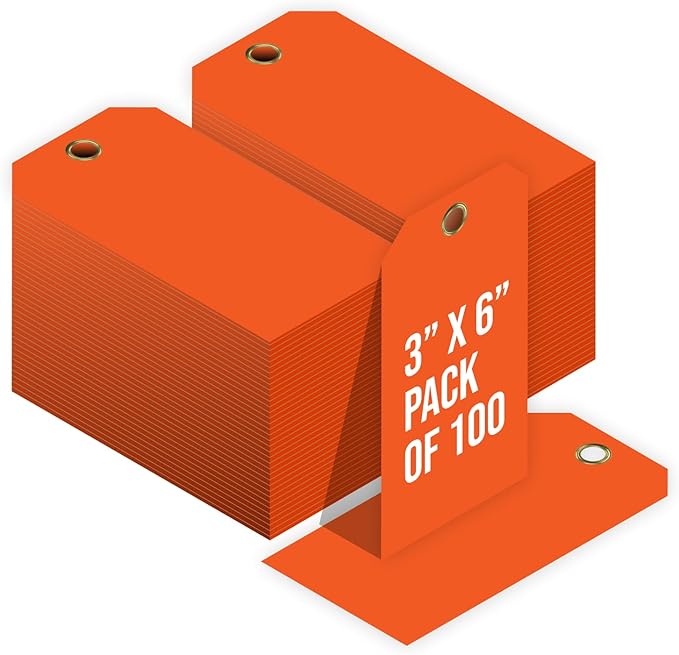 Tags 4 Less 15 Mil Waterproof Plastic Tags, Pack of 100 – 3” x 6” Heavy Duty Plastic Tags for Labeling, Outdoor Tagging, Equipment Labeling, Luggage, Valves & More (Orange)