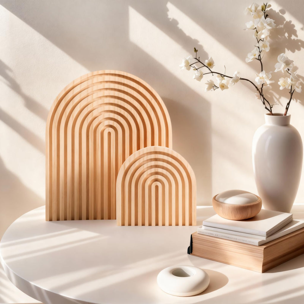 Nawwoo 2 Pcs Natural Wood Arch Decor, Boho Shelf & Serving Board for Fireplace Mantel, Kitchen Counter - Light Pine Finish, Scandinavian & Japandi Style Aesthetic Accents for Living Room, Home Office