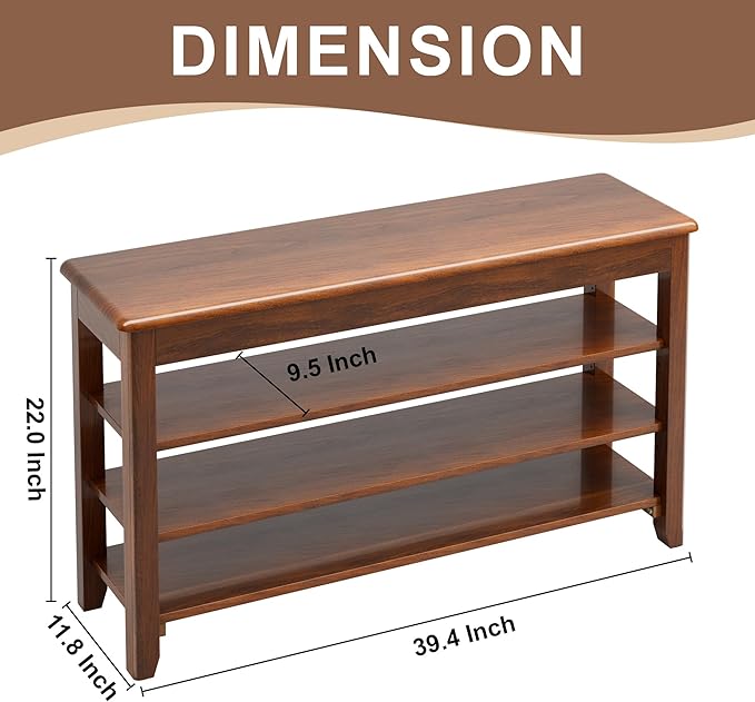 Shoe Storage Bench for Entryway - 4 Tier Shoe Rack for Front Door Entrance, Rubberwood Shoes Rack Height Adjustable, Entryway Bench with Shoes Storage for Any Room (Walnut, 39.4" W)