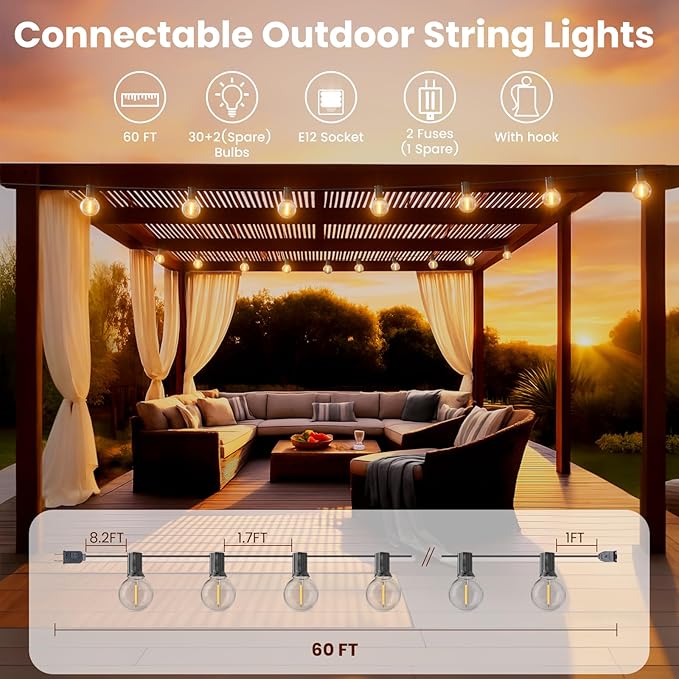 RTTY Outdoor String Lights 60 FT, Patio Lights with 32pcs Plastic G40 LED Bulbs,Shatterproof Waterproof Connectable Hanging for Porch Cafe Bistro Backyard Gazebo Balcony Deck Party
