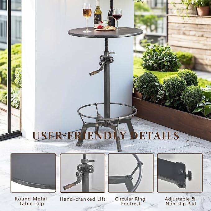 LOKKHAN 33.5"-39.4" Tall Industrial Bar Table-Adjustable Bar Height Pub Table-23.7" Dia Swivel Round Metal Top-Easily Adjusts by Crank Handle, Silver Gray