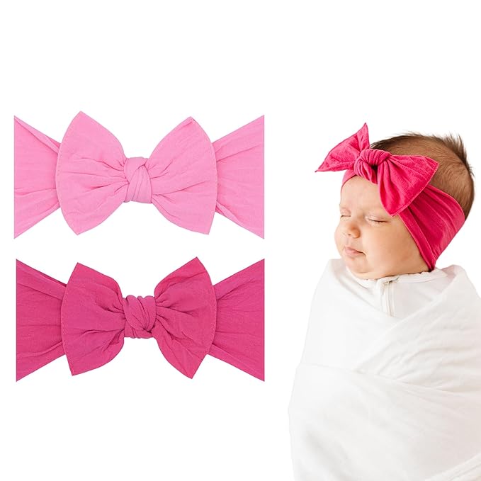 Baby Bling Bows - Newborn to Little Baby Girl Bows, 2 Pack Nylon Super Soft Stretchy Knot Toddler Headbands, Perfect Hair Accessories Head Bands for Infant Kids(Bubblegum & Hot Pink)