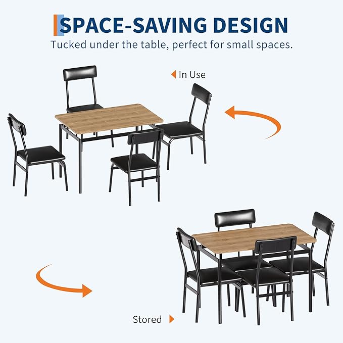 IDEALHOUSE 5 Piece Dining Room Table Set, Kitchen Table Set for 4 with Brown Wooden Grain Kitchen Table and 4 PU Upholstered Metal Chairs, Dining Room Set for Small Space,Home Dinner(4 Black Chairs)