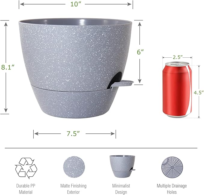 10 inch Self Watering Planters, 2 Pack Large Plastic Plant Pots with Deep Reservior and High Drainage Holes for Indoor Outdoor Plants and Flowers, Speckled Grey
