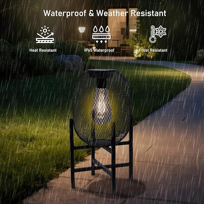 Solar Mesh Lantern Outdoor – 13.8" Tall Black Metal Patio Light with Edison Glass Bulb, Solar Powered Warm Glow LED, Waterproof IP65 for Garden, Porch, Deck, Tabletop Decor