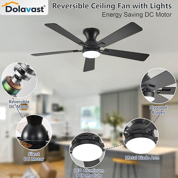Ceiling Fans with Lights, 52 Inch Low Profile Ceiling Fan with Light and Remote Control, Flush Mount, Reversible, 3CCT, Dimmable LED, Quiet, Black Ceiling Fan for Bedroom, Living Room