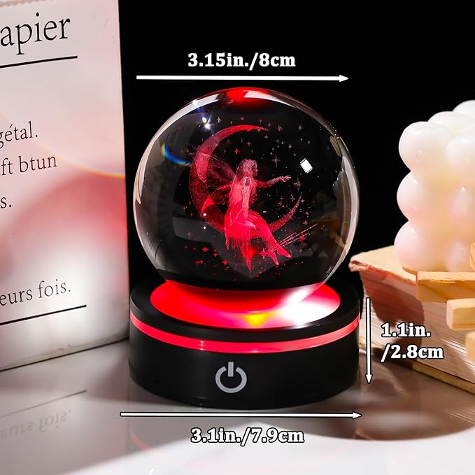YWHL 3D Crystal Moon Figurine with Colorful LED Base, Laser Fairy Gifts for Women Girls on Christmas Birthday, Glass Globe Decorative Ball for Fairy Lovers Home Decor (80mm)