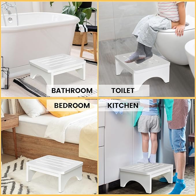 Wooden Step Stool for Adults, One Step Stool with Non-Slip Rubber, 6.9”x 15.7"" Bed Step Stool for High Beds, White Safety Foot Stool for Elderly, Kid