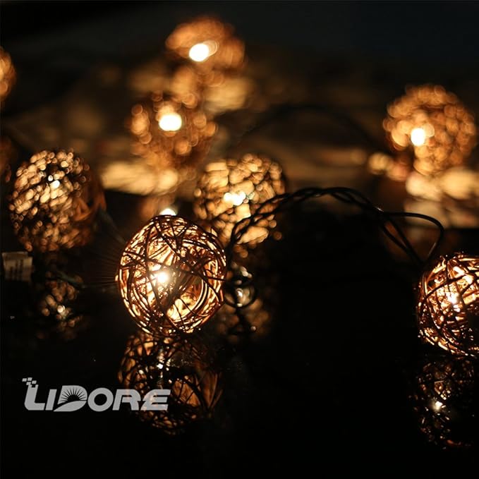 LIDORE Rattan Christmas String Lights, Mini Globe Wicker Lights for Patio, Wedding, Garden and Party, Brown Rattan and Green Cord, 7.92Ft Indoor/Outdoor