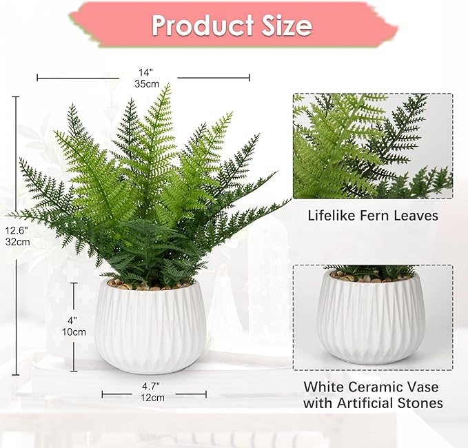 DILATATA Faux Plant Indoor in Ceramic Pot 13" Artificial Potted Fern Fake House Plants for Desk Office Bathroom Garden Decoration