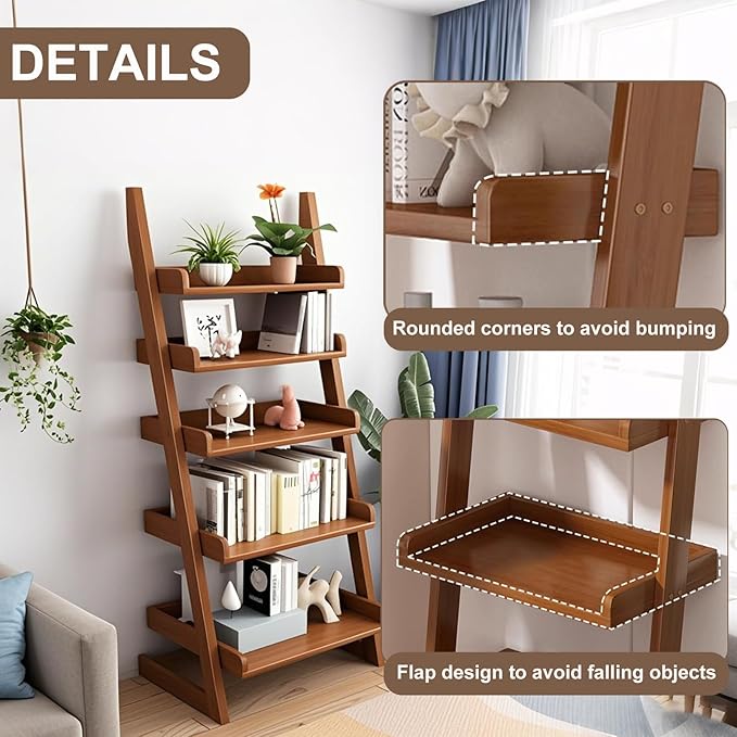 5-Tier Wooden Ladder Shelf Bookcase, H 55" Walnut Ladder Bookshelf Freestanding Storage Shelves Rack Organizer for Living Room, Home Office and Bedroom
