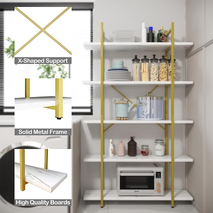 5 Tiers Bookshelf Organizer White Faux Marble Shelf,Modern Open Display Storage Bookcase, and Metal Bookshelf Standing Storage Shelf Tall Shelving Units for Home Office Study