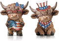 Karenhi 2 Pcs Veterans Day Highland Cow Figurines Patriotic American Flag Highland Cow Gnomes Red White and Blue Scottish Resin Statue for Home Garden Kitchen Office Tiered Tray Table Decor