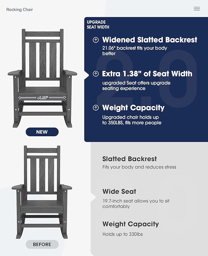 KINGYES Oversized Outdoor Rocking Chair Set of 8, All-Weather Patio Rocking Chairs for Porch, HDPE Outdoor Patio Rockers with High Back & Wide Seat for Garden, Lawn, Gray