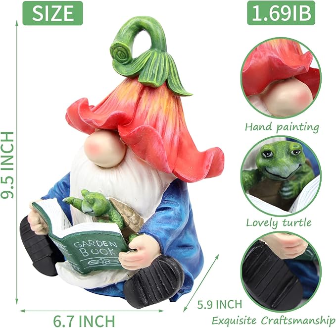 Garden Gnome Statue-Resin Gnome Figurine Hugging Turtle Reading Book with Solar LED Lights，Outdoor Summer Decorations for Patio Yard Lawn Porch,Garden Ornament Gift