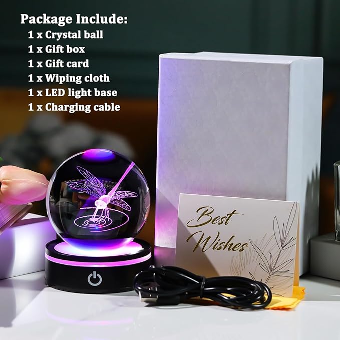 YWHL Crystal Ball 3D Dragonfly Figurine with LED Base, Dragonfly Gifts for Men Women on Christmas Birthday, Glass Animals Insect Sphere Decorative Ball for Home Decor (80mm)