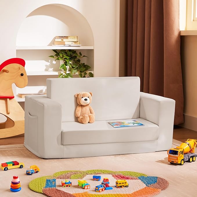 Kids Couch, 2-in-1 Toddler Chair Comfy 1-3 Years, Convertible Kids Chair, Toddler Couch That Fold Out, Kid Lounge Chairs for Boys and Girls, Soft Coral Fleece, Double, Beige