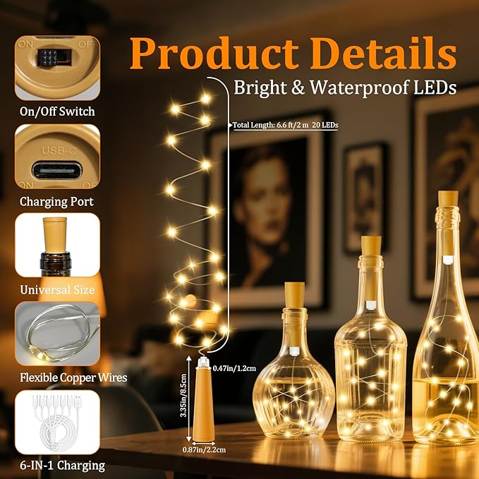 PChero USB Rechargeable Wine Bottle Lights with Cork & Remote Timer, 6 Pack 20 LED 6.6 ft Fairy String Lights for DIY Party Wedding Christmas Halloween Festival Bar Decoration