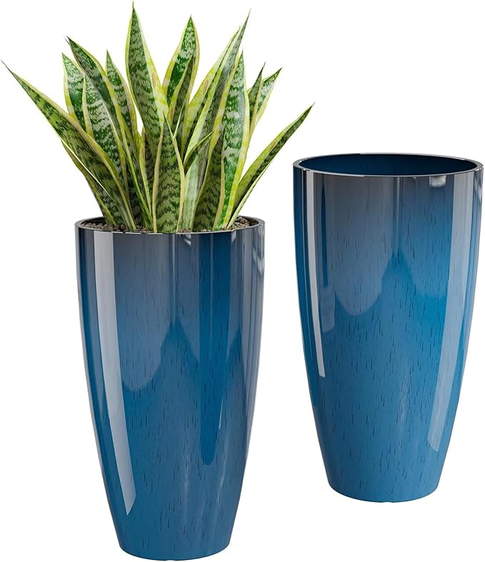 QCQHDU 21 inch Tall Planters for Outdoor & Indoor Plants, Set of 2 Large Outdoor Planters with Drainage Hole for Front Porch, Patio, Garden, Home Decor, Blue