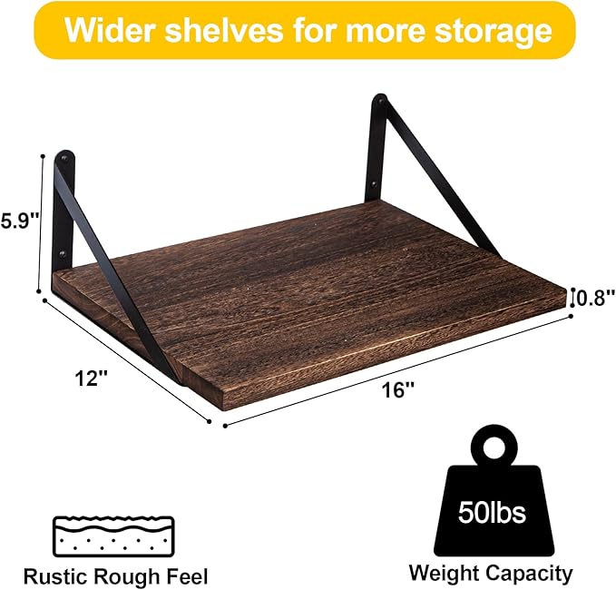 SAUMONIERES Floating Shelves Bookshelf for Bedroom Bathroom Living Room Wood Wall Mounted Wide Deep Storage, Rustic Brown Shelves Set of 2