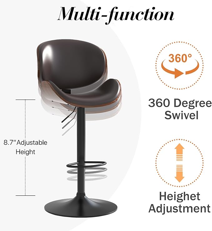Adjustable Swivel Bar Stools Set of 2, Modern Bentwood Barstool with Large Metal Base and Footrest, PU Leather Upholstered Bar Chair with Curved Back for Kitchen Island Dining Room, Brown