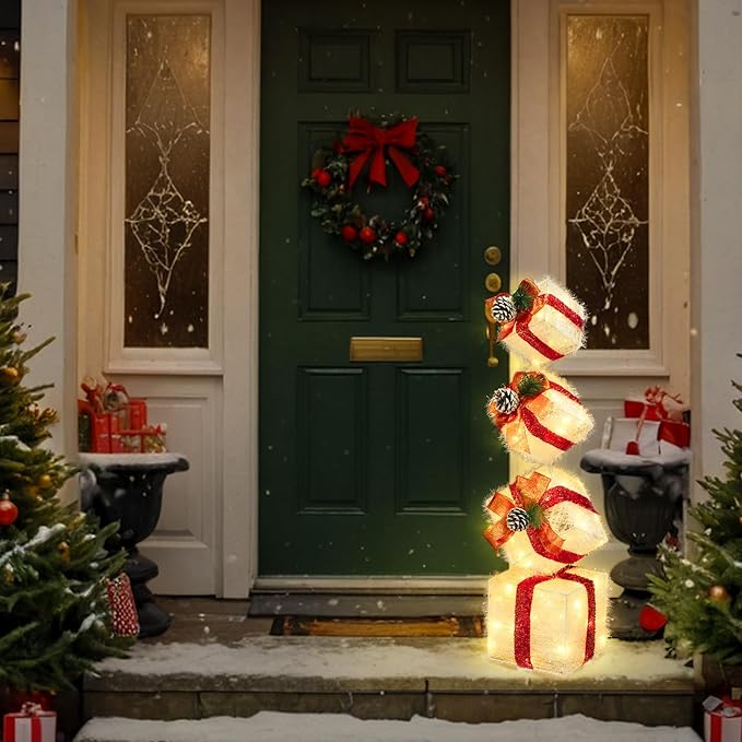 Christmas Lighted Gift Boxes Decorations Set of 4, 3.6Ft Stackable Christmas Nesting Boxes Battery Operated with Timer for Home and Party Decoration