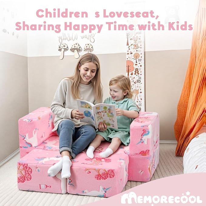 MeMoreCool Modular Kids Couch, Glow Play Toddler Couch for Bedroom Playroom, Convertible Foam Kids Sofa Bed, Fold Out Baby Sofa for Girl Boy, Pink Fairy