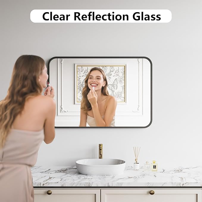 Bathroom Mirror, 26X38 Inch Black Metal Framed Mirror for Bathroom, Tempered Glass, Anti-Rust, Rounded Rectangle Mirror for Restroom, Bedroom, Black