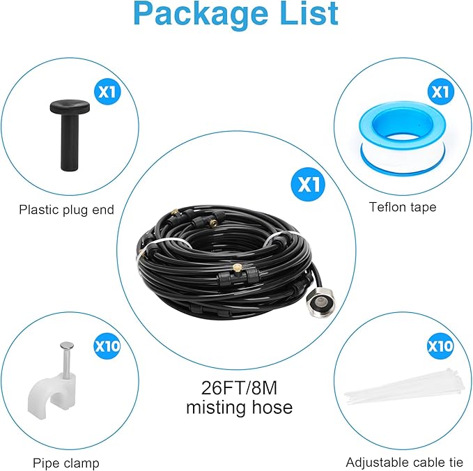 Bonviee Misters for Outside Patio, 26FT (8M) Patio Misting System, Outdoor Misters for Patio Cooling, 7 Brass Mist Nozzles, 3/4" Adapter, DIY Water Misters for Cooling Outdoor Garden Greenhouse