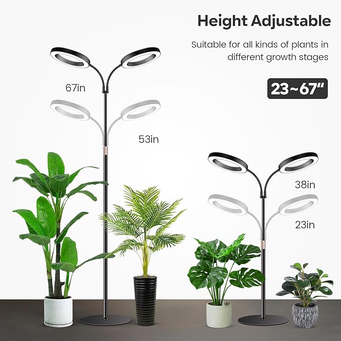 Garpsen Halo Grow Lights, Dual-Head Full Spectrum LED Plant Lights for Indoor Growing with Stand, 3 Color Modes Grow Lamp with Timer 6/12/16H, 5 Dimmable Levels, 168 LEDs and 67''Height Adjustable