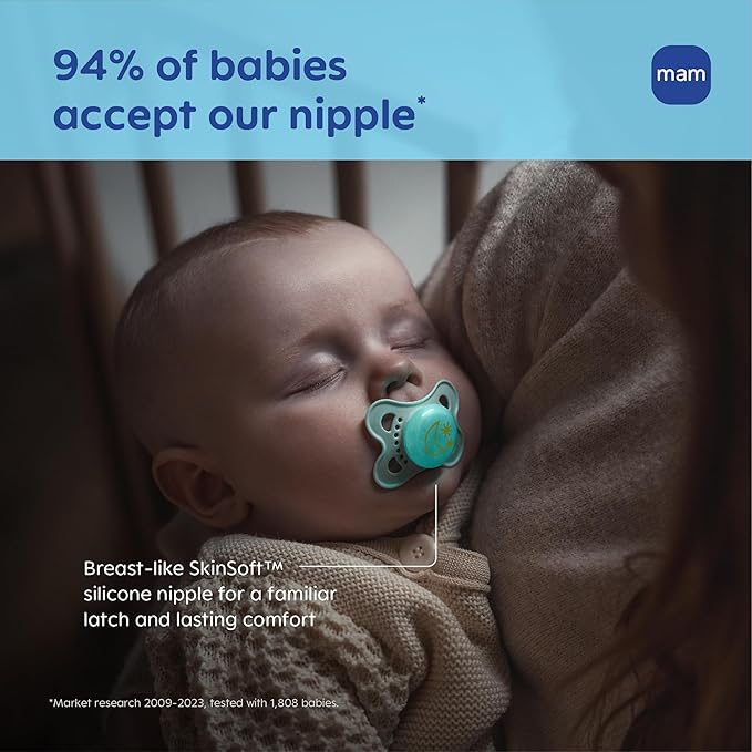 MAM Original Baby Pacifiers 0-6 Months, Binky for Newborn Babies, BPA-Free Skin Soft Silicone Nipple, Glows in The Dark, Developed with Medical Experts, 4 Count, Made in Europe