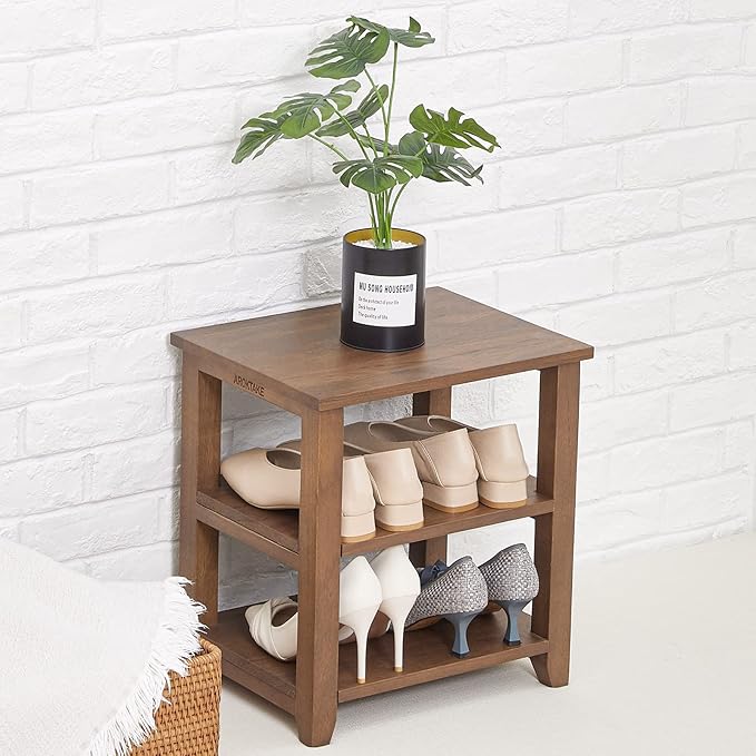 Small Shoe Rack Bench, 2-Tier Solid Wood Heavy Duty Shoe Organizer Shelf for Entryway, Living Room,Bedroom (Brown, 11.81"x15.75"x16.54")