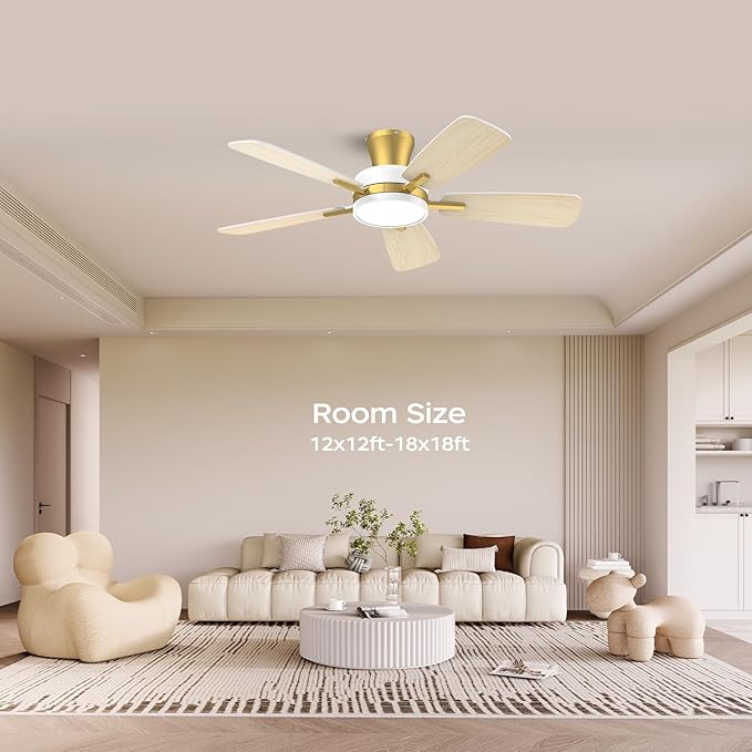 TALOYA Ceiling Fans with Lights and Remote, 46 Inch Low Profile Ceiling Fan with Light, Flush Mount, Reversible, 3CCT, Dimmable Modern Ceiling Fan for Bedroom, Living Room, Outdoor Patio, White Gold