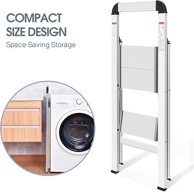 KINGRACK Aluminium 2 Step Ladder, Lightweight Step Stool with Non-Slip Pedals, Handrail, 330LBS Foldable Step Ladder for Kitchen, Garage, Home, Space Saving, Sturdy and Portable, Silver