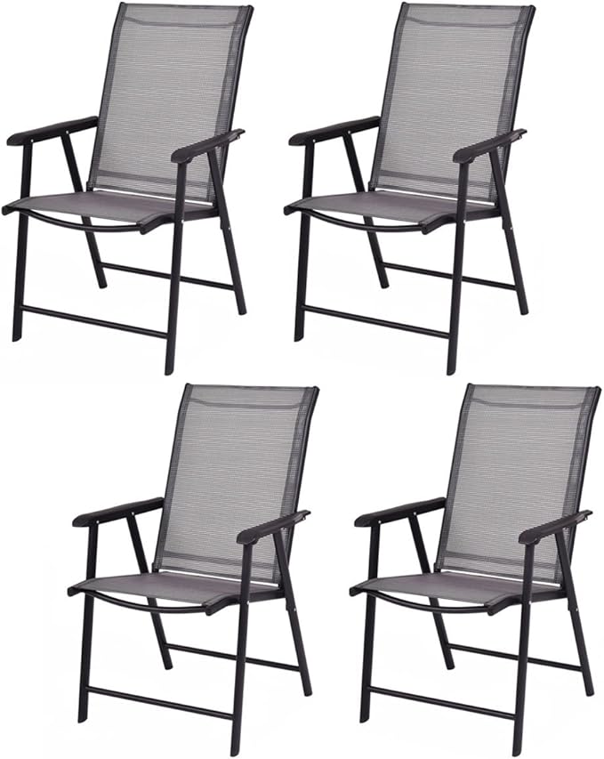 Giantex Set of 4 Folding Patio Chairs, Outdoor Portable Dining Chairs for Garden Camping Poolside Beach Deck Lawn, 4-Pack Sling Armchairs, Metal Frame, Grey