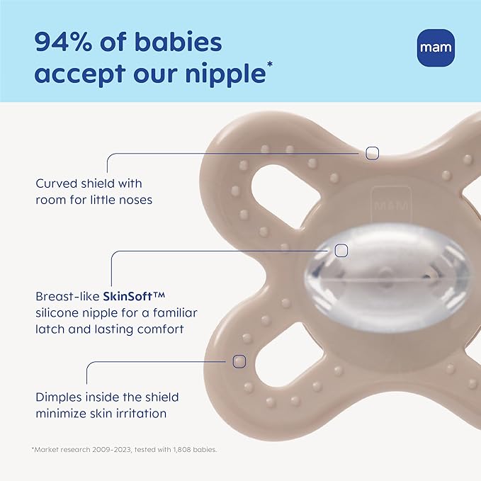 MAM Original Start Baby Pacifiers 0-3 Months, BPA-Free Skin Soft Silicone Nipple, Glows in The Dark, Developed with Medical Experts Specially for Smaller Newborn Mouths, 2 Pk with Sterilizer Case