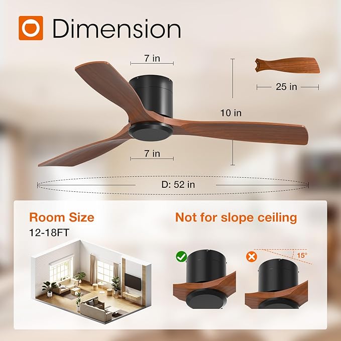 addlon 2 Pack 52 inch Ceiling Fans No Lights, Black Low Profile Ceiling Fan with Remote Control, Flush Mount, Reversible, 3 Wood Blades, 6 Speeds, Noiseless, Wood Ceiling Fan for Indoor/Outdoor Use