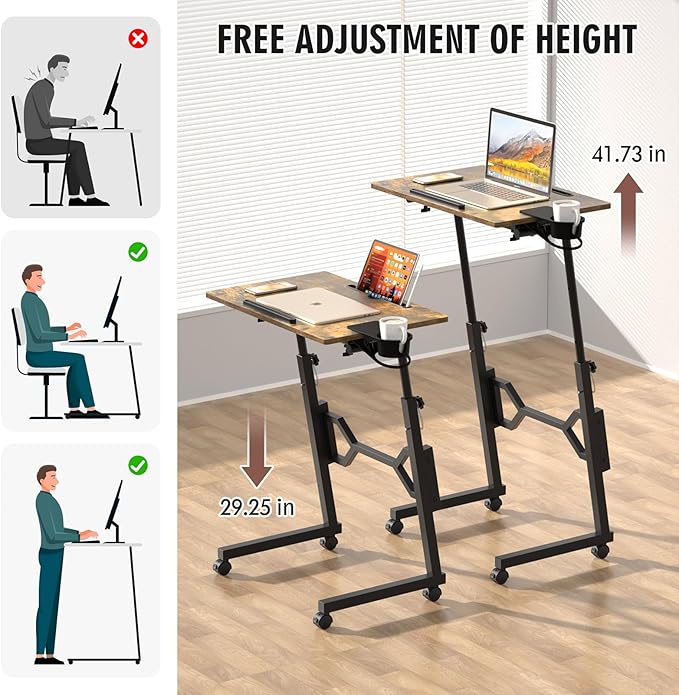 Small Standing Desk with Wheels, Portable Treadmill Desk, Rolling Desk Adjustable Height for Laptop, Mobile Standing Table for Walking Pad, Bedside Table