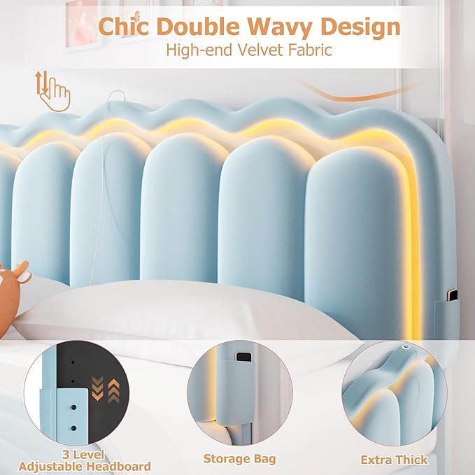 King Upholstered LED Bed Frame with 2 Storage Drawers and Adjustable Chic Double Wavy Headboard, Velvet Princess Platform Bed with Charing Station, Solid Wood Slats Support, No Box Spring Needed,Blue