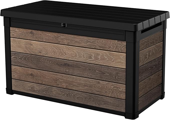 Keter Walnut 100 Gallon Resin Deck Box-Organization and Storage for Patio Furniture Outdoor Cushions, Throw Pillows, Garden Tools and Pool Toys