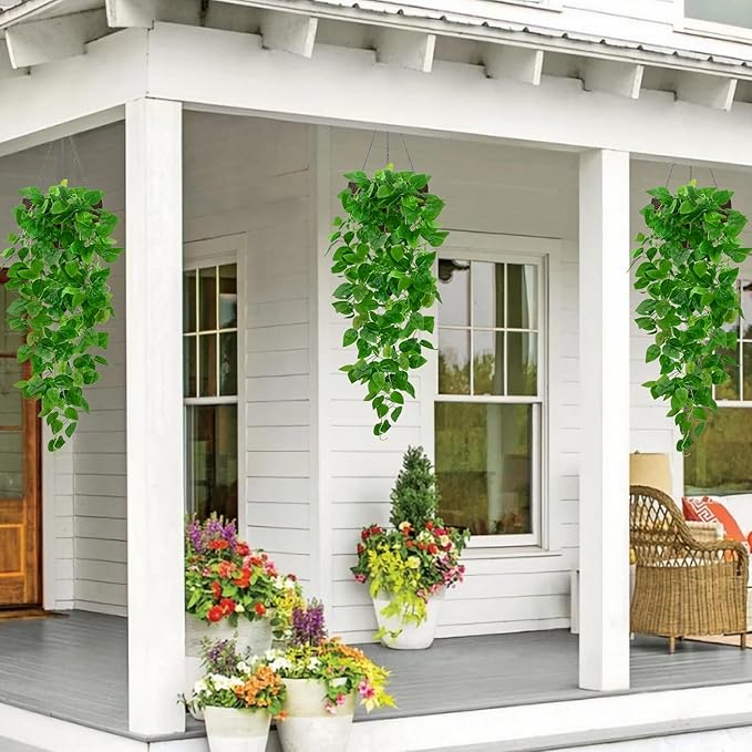 BLEUM CADE 4Pcs Fake Hanging Plants, 9 Branch Artificial Hanging Plant, Lush Faux Pothos Vines for Home Room Wall Shelf Porch Outdoor Indoor Decor (No Baskets)