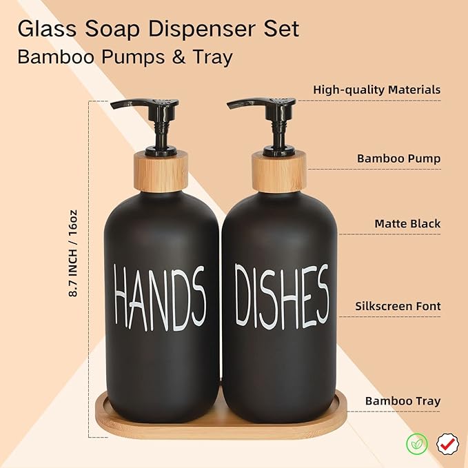 Glass Soap Dispenser Set. Hand and Dish with Bamboo Tray. Vintage Pump for Kitchen Drain Outlet Bathroom. Stylish Permanent Labels (Matte Black)