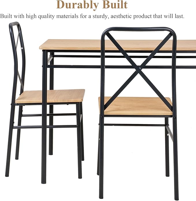 VECELO 5-Piece Kitchen Dining Table Set, Wood Tabletop & Heavy-Duty Metel Frame, Rectangle Dinette with 4 Chairs for Small Space, Breakfast Nook, Natural & Black