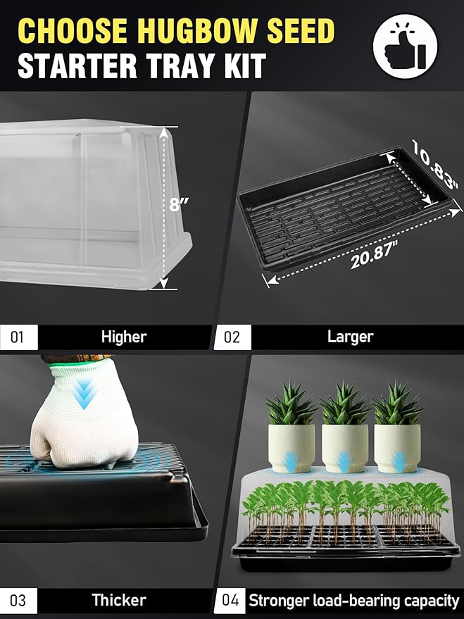 1020 Plant Tray with Tall 8'' Dome, 144-Cell Seed Starter Tray with Heat Mat, Extra Large Seed Starter Kit, Heavy-Duty Seed Starter Tray for Seed Starting, Plant Germination & Growing, 2 Pack